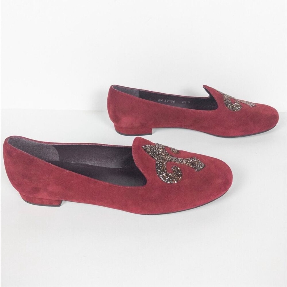 Stuart Weitzman burgundy red suede loafer with black crystal fleur